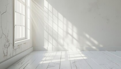 The image shows a bright and empty room with white walls and wooden floor