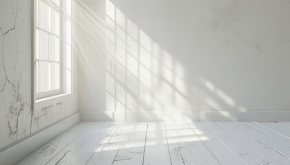 Fototapeta premium The image shows a bright and empty room with white walls and wooden floor