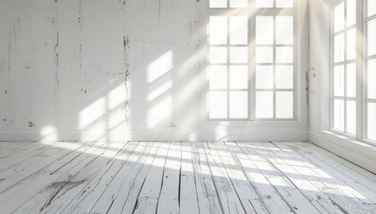 Fototapeta premium The image shows a bright and airy room with white walls and a large window