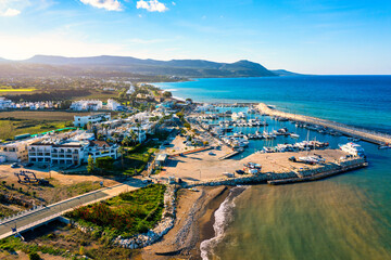 View of Latchi port, Akamas peninsula, Polis Chrysochous, Paphos, Cyprus. The Latsi harbour with...