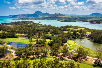 Ile aux Cerfs island with idyllic beach scene, aquamarine sea and soft sand, Ile aux Cerfs, Mauritius, Indian Ocean, Africa. Ile aux Cerf in Mauritius, beautiful water and breathtaking landscape.