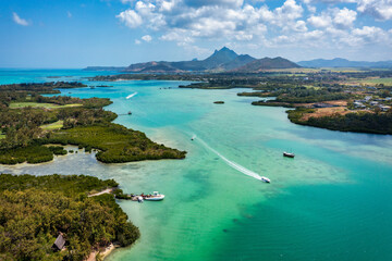 Ile aux Cerfs island with idyllic beach scene, aquamarine sea and soft sand, Ile aux Cerfs,...