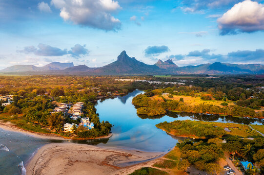 Rempart mountain view from Tamarin bay, Black river, scenic nature of Mauritius island. Beautiful nature and landscapes of Mauritius island. Rempart mountains view from Tamarin bay, Mauritius.