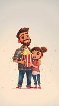 Father and daughter holding popcorn bags, isolated background. Generative AI.