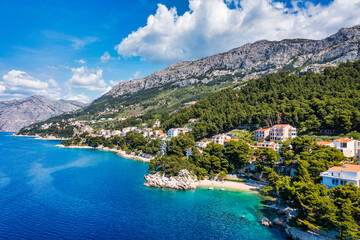 Amazing aerial view of the beautiful Podrace beach in Brela, Makarska Riviera, Croatia. Aerial view...