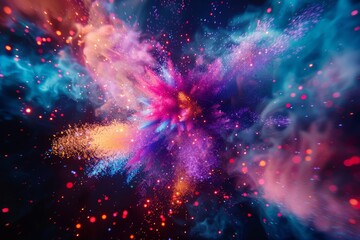 The image shows a colorful powder explosion on a black background. The colors are vibrant and saturated, and the explosion is captured in mid-air.