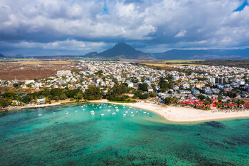 Beach of Flic en Flac with beautiful peaks in the background, Mauritius. Beautiful Mauritius Island...