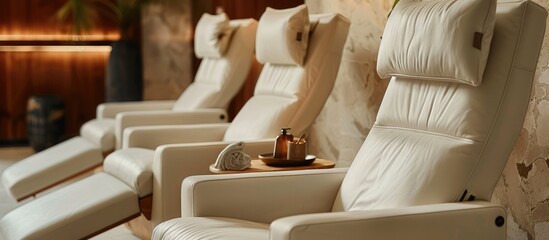 Detailed view of reclining chairs in a comfortable spa area.