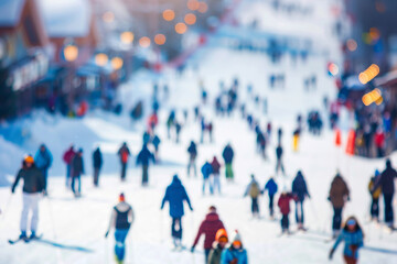 blurred photograph of crowded Ski resort. - obrazy, fototapety, plakaty