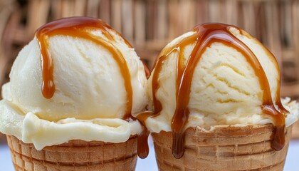 Macro of two vanilla ice creams with caramel sauce in waffle cones.
