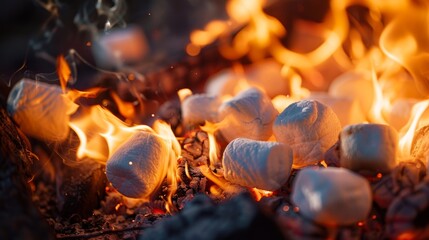 Goldenbrown marshmallows slowly turning over the flames of an open fire.