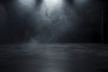 Empty space studio dark room with spot lighting and fog in black background - generative ai