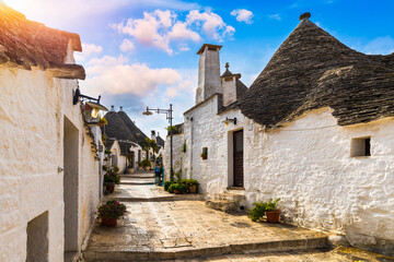 The traditional Trulli houses in Alberobello city, Apulia, Italy. Cityscape over the traditional roofs of the Trulli, original and old houses of this region, Apulia, Alberobello, Puglia, Italy.