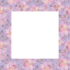 Delicate pink butterflies and lotus flowers. Watercolor, hand drawn illustration. Frame, template, blank on white background