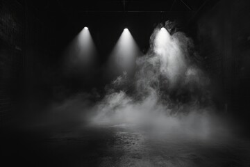 Empty space studio dark room with spot lighting and fog in black background - generative ai