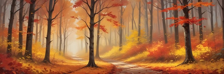 Vibrant Fall Forest Landscape Painting