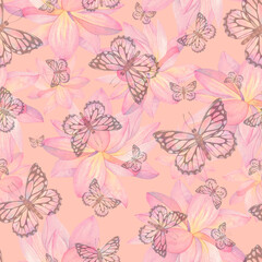 Delicate pink butterflies and lotus flowers on a peach background. Watercolor illustration. Seamless pattern. For the design of fabric, textiles, wallpaper, packaging