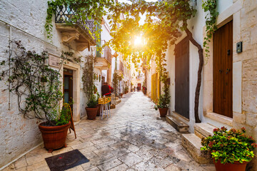 Scenic sight in Locorotondo, Bari Province, Apulia (Puglia), Italy. Characteristic streets in the Locorotondo in Puglia, Italy. Locorotondo is a town of the Metropolitan City of Bari, Apulia, Italy.