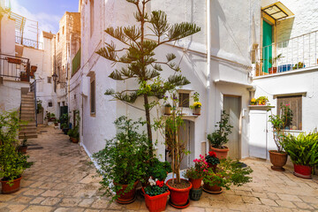 Scenic sight in Locorotondo, Bari Province, Apulia (Puglia), Italy. Characteristic streets in the Locorotondo in Puglia, Italy. Locorotondo is a town of the Metropolitan City of Bari, Apulia, Italy.