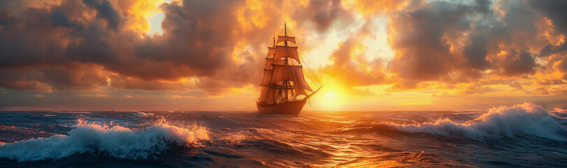 Sailing Ship at Sunset on the Open Sea