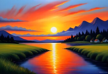 Beautiful Sunset Oil Painting Artwork - obrazy, fototapety, plakaty