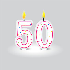 50th Birthday Celebration Candles Vector. Festive number fifty with flames. Milestone anniversary.