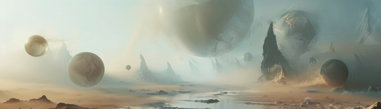 The image shows a post-apocalyptic landscape with a ruined city in the background and large, glowing spheres in the sky.