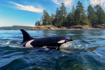 Orca Swimming Near Forested Coastline on Sunny Day