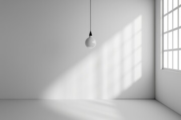 The minimal interior of the room in white with a large window and a single hanging light bulb.