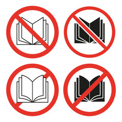 No reading allowed signs. Vector icons for library silence. Book prohibition symbols.