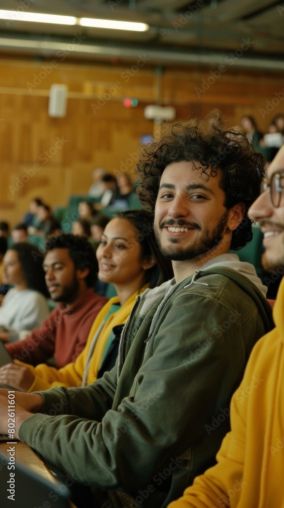 Poster Diverse Group of College Students Engaged in Interactive Lecture with Tech Gadgets Indoors