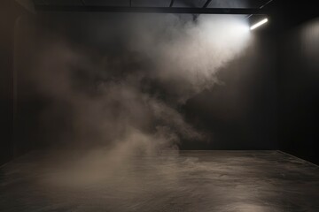 Empty space studio dark room with spot lighting and fog in black background - generative ai