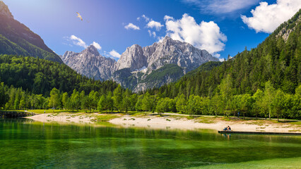 Jasna lake with beautiful mountains. Nature scenery in Triglav national park. Location: Triglav national park. Kranjska Gora, Slovenia, Europe. Mountain lake Jasna in Krajsnka Gora, Slovenia.