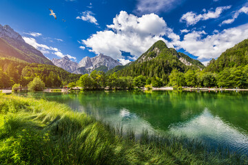 Jasna lake with beautiful mountains. Nature scenery in Triglav national park. Location: Triglav...