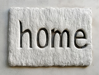 Concrete home sign with beveled letters against a concrete wall background