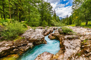 Amazing Soca river gorge in Slovenian Alps. Great Soca Gorge (Velika korita Soce), Triglav National...
