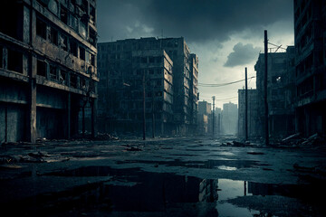 Apocalyptic cityscape with a dark sky and a few destroyed buildings