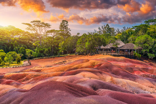 Chamarel Seven Colored Earth Geopark in Mauritius Island. Colorful panoramic landscape about this volcanic geological formation Chamarel Seven Colored Earth Geopark in Riviere noire district.