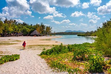Ile aux Cerfs island with idyllic beach scene, aquamarine sea and soft sand, Ile aux Cerfs, Mauritius, Indian Ocean, Africa. Ile aux Cerf in Mauritius, beautiful water and breathtaking landscape.