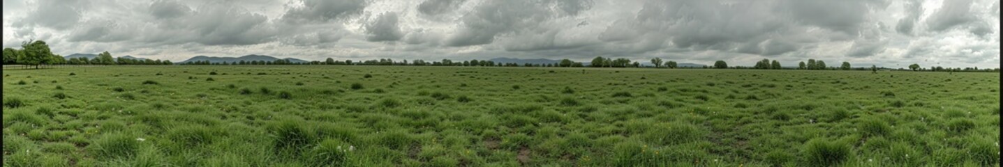 Obraz premium Panoramic View of Vast Green Field Under Cloudy Sky Representing Agriculture, Open Space, and Natural Environment in a Rural Setting, Green Field Panorama