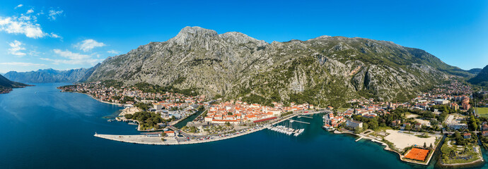 Aerial view of the old town of Kotor, Montenegro. Bay of Kotor bay is one of the most beautiful places on Adriatic Sea. Historical Kotor Old town and the Kotor bay of Adriatic sea, Montenegro.