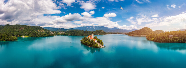 Lake Bled in Slovenia. Beautiful mountains and Bled lake with small Pilgrimage Church. Bled lake...