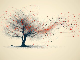 Abstract Art of a Tree with Red Nodes on Branches, Evoking Themes of Growth and Connection