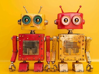 Colorful Vintage Robots on Yellow Background, Retro Toy Concept Perfect for Nostalgic Themes