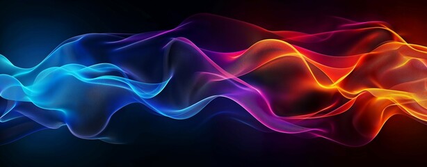 Abstract colourful waves of blue, purple, and orange light on a dark background.