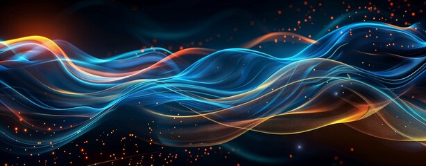Abstract flowing waves of blue, orange, and purple light on a dark background.