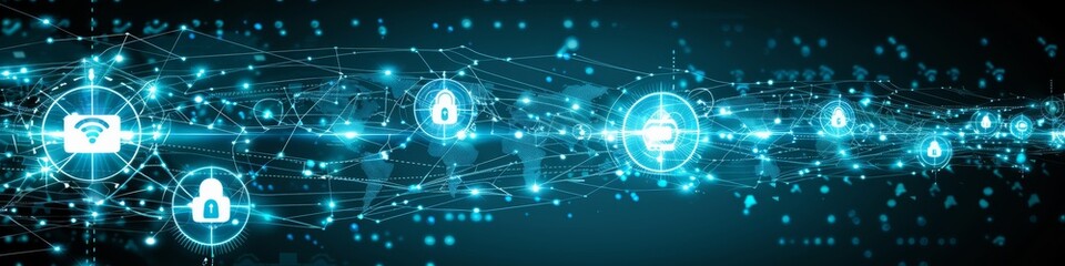 Obraz premium Vibrant Digital Network Concept with Glowing Nodes and Data Streams, Illustrating Internet Security and Connectivity