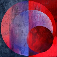 Abstract geometric composition with overlapping red and blue circles on a textured background.