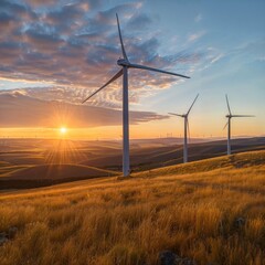 Wind turbines in an open hilly field at sunset