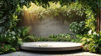 Blank podium for commercial display, 3D rendered garden theme